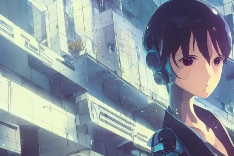 Prompt: makoto shinkai. robotic android girl. futuristic cyberpunk dystopia.