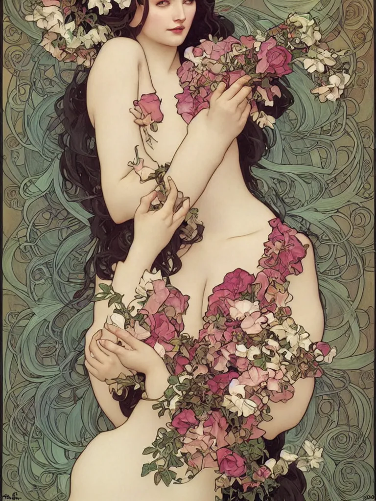 Prompt: a beautiful curvy symmetrical woman, sensuality, wrapped in flowers, art by Charlie Bowater, Alphonse Mucha, Tom Bagshaw