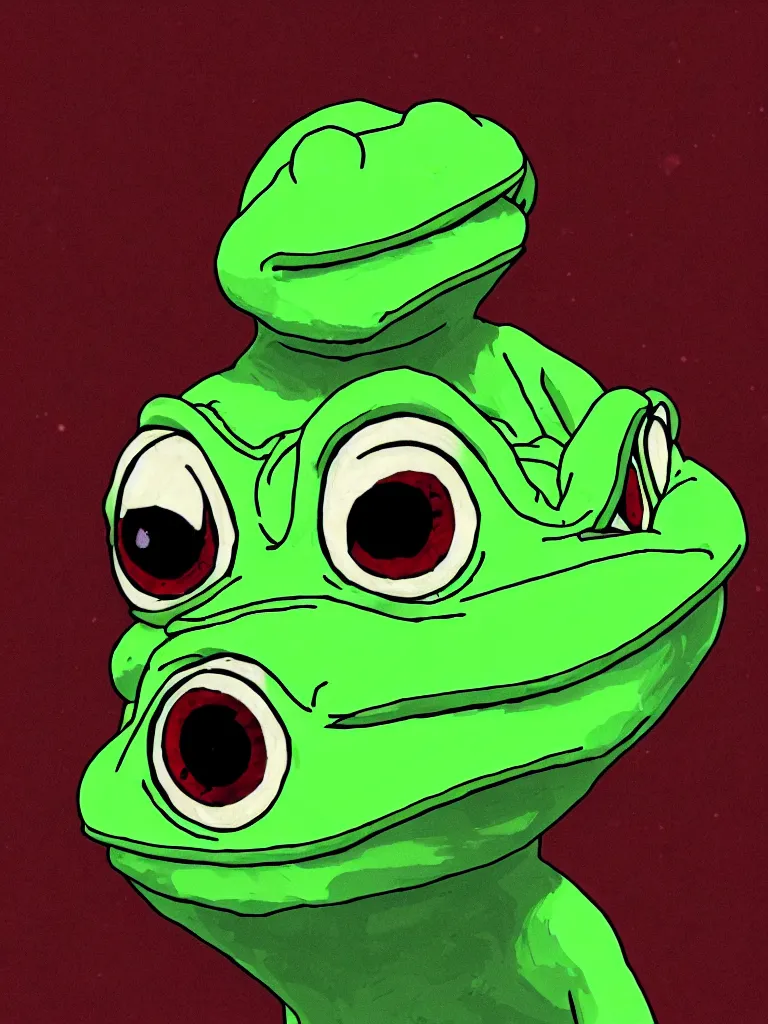 Prompt: resolution 4k hyper realistic pepe the frog dead of night pepe frog cool colors made in abyss design Akihito Tsukushi dream like storybooks at night fire flies luminous red dead 2 dream like ethereal esoteric pepe the frog family village , dark, red woods Canopy , unnerving , disheartening , lonely , sad ,Luminism, prismatic , fractals , pepe the frog , art in the style of Akihito Tsukushi