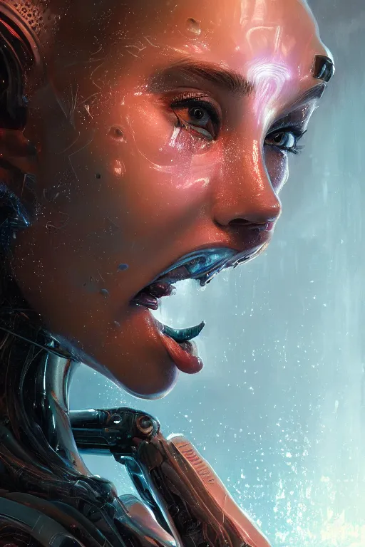 Image similar to attractive female i robot sticking tongue out sensually adn sweating, close - up portrait, intricate, elegant, volumetric lighting, scenery, digital painting, highly detailed, artstation, sharp focus, illustration, concept art, luis rollo, ruan jia, steve mccurry, john berkey