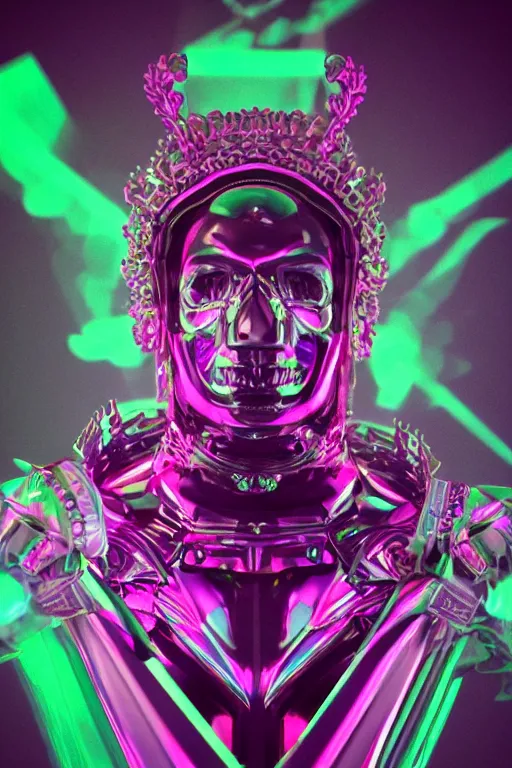 Image similar to full-body sculpture of a young handsome Spanish prince as a half android with a glowing green diamond in his chest, pink laser beams coming out of his eyes, crown of giant jewels, flowing neon-colored silk, human skull mask, geometric shapes in a cyperbunk and baroque style. intricate artwork by caravaggio. Trending on artstation, octane render, cinematic lighting from the right, photorealistic, octane render, 8k, depth of field, 3D