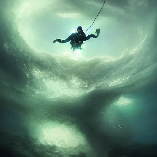 Image similar to a dream fantasy painting of a scuba diver trapped in a maelstrom, trending on artstation, deviantart, matte painting by greg rutkowski, holly bruce, jon kuo