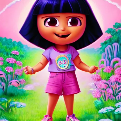 Prompt: dora the explorer as real girl in happy pose, detailed, intricate complex background, Pop Surrealism lowbrow art style, muted pastel colors, soft lighting, pixar render by Mark Ryden , artstation cgsociety