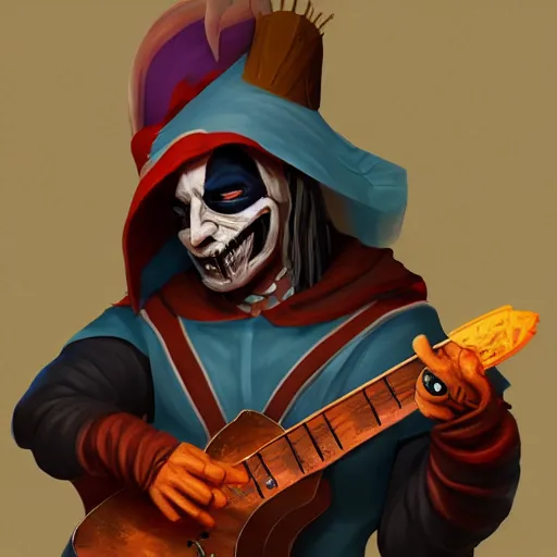 Prompt: a digital painting of a man wearing a mask playing a guitar, young handsome pale roma, grim dark jester from gwent cards, a character portrait by senior character artist, polycount, vanitas, sketchfab, speedpainting, zbrush