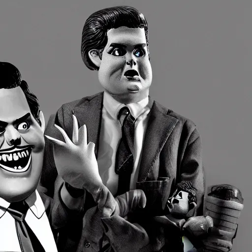 Image similar to matt gaetz as a creepy ventriloquist puppet from an old horror movie, b & w, twilight zone, digital illustration, 8 k,