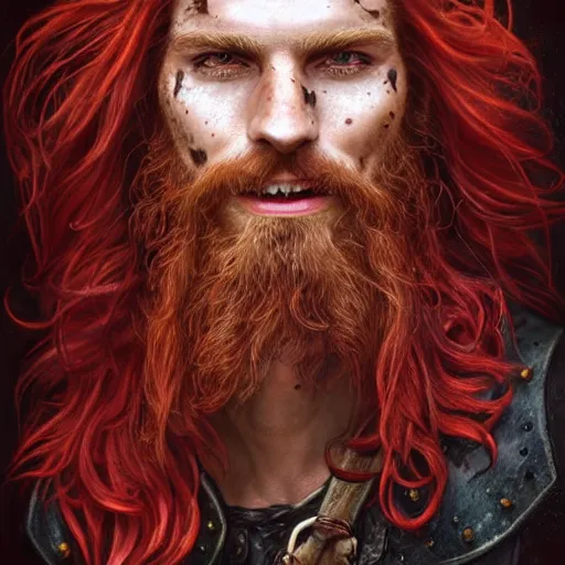 Image similar to portrait of a young ruggedly handsome but joyful pirate, faint freckles, male, masculine, upper body, red crimson crimson deep red hair, long long flowing hair, fantasy, proud smirk, intricate, elegant, highly detailed, digital painting, artstation, concept art, matte, sharp focus, illustration, art by artgerm and greg rutkowski and alphonse mucha