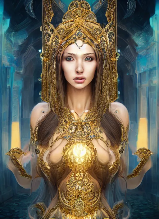 Prompt: beautiful full body concept art, photorealistic symmetrical beautiful face, female priestess with shiny hair wearing full intricate clothing standing in a slimy temple, godray, intricate lighting, micro detail, cg society