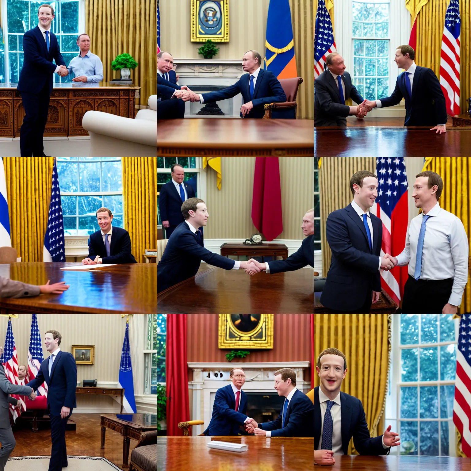 Prompt: headshot of Mark Zuckerberg the president of the united states shaking hands with Vladmir putin in the oval office, EOS-1D, f/1.4, ISO 200, 1/160s, 8K, RAW, unedited, symmetrical balance, in-frame, Photoshop, Nvidia, Topaz AI