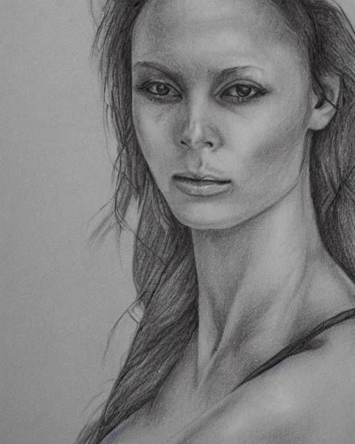 Image similar to A beautiful woman warrior, faded background of a pirate ship at a deserted island, realism pencil drawing on white paper, bald lines