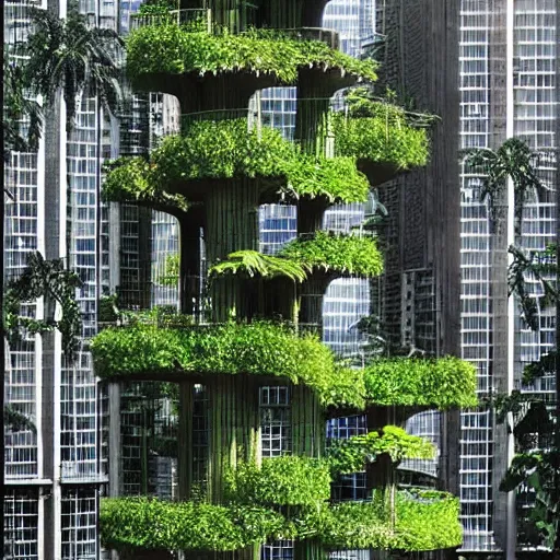 Image similar to a solar punk lush giant plants city, modern architecture by ricardo bofill, city of the jungle, by victorenrich
