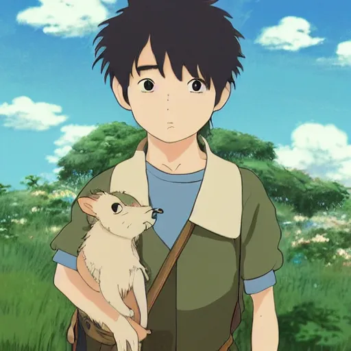 Image similar to friendly guy and small animal , with Fragile looking character portrait face made in Studio Ghibli artstyle ,highly detailed art, beautiful scene, sharp focus, smooth, 8k, anime art, fantasy, style in ghibli anime style, fantasy, island,8k