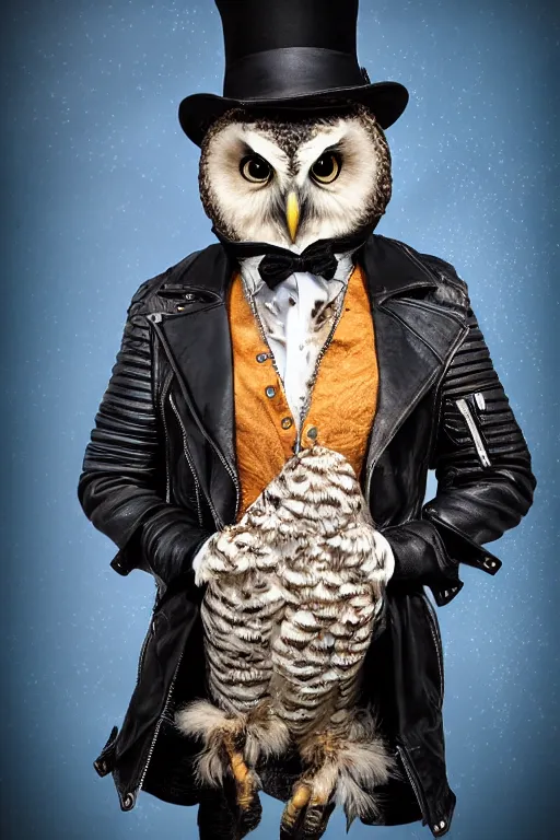 Prompt: cute owl wearing black biker jacket, portrait photo, backlit, studio photo, background colorful, tophat, kobalt blue, tophat