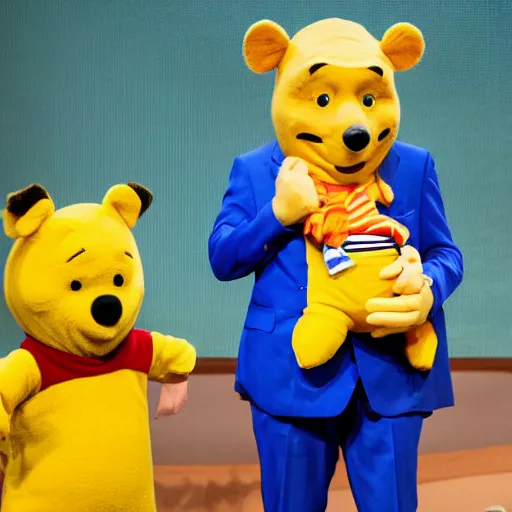 Image similar to bill gates cosplaying as winnie the pooh, bill gates wearing winnie the pooh costume, cosplay award winner
