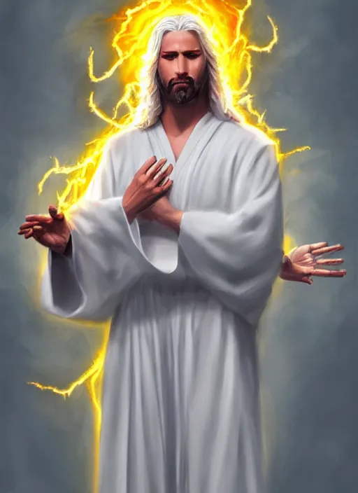 Image similar to « portrait of the white - haired jesus in a white robe and flaming yellow eyes, holding seven stars in right hand, high - contrast, intricate, elegant, highly detailed, digital painting, artstation, concept art, smooth, illustration »