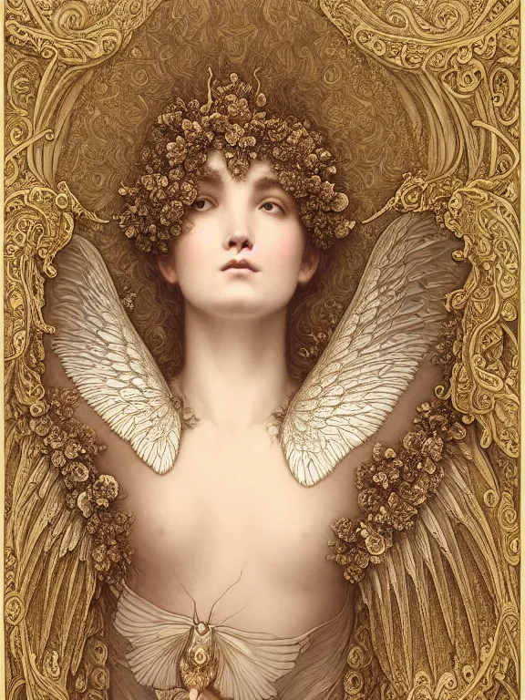 Prompt: Gustave dore beautiful maiden ivory mask intricate ornate wings fractal-lace iridescent gemstone wearing ivory rococo dress, ivory gold, iridescent highlights, full view, soft lighting, vivid, Hyperdetailed, 4k hd matte painting by Artgerm, Kelly McKernan, Marc Simonetti, Mucha, Klimt, Moebius, James Jean, 8k resolution, enchanting and otherworldly, Artstation, CGsociety, detailed, front view