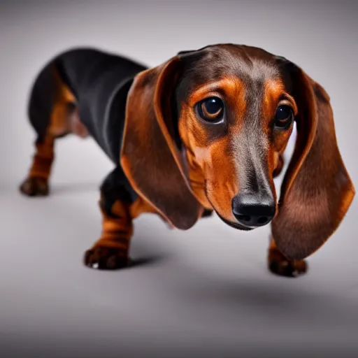 Image similar to dachshund flexing biceps, photography, studio lighting