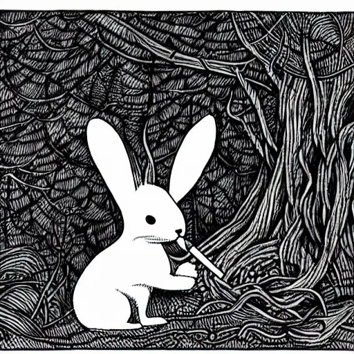 Image similar to isometric, precisely drawn, fine detailed, intense line work, drawing of a white bunny smoking a big cigarette in the deep tangled forest, by edward gorey, black ink on white paper