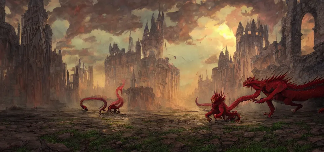 Image similar to wide angle, medieval explorers being chased by a red dragon through castle ruins, lake, realistic digital painting, concept art, coherent design, vivid color, complementary color, rule of thirds, detailed, sharp lines, intricate, in the style of forgotten realms, by studio ghibli, by greg rutkowski, by anato finnstark, deviantart, octane render, cgi