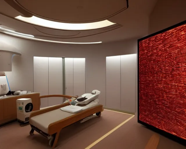 Prompt: The zen environment of the hospital room of the future, in a futuristic spaceship, with calming bright lights and a welcoming Japanese rose pattern wall and a breathtaking wooden floor, a doctor and her patient look at a computer screen showing medical graphs