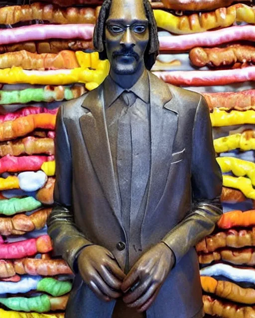 Prompt: sculpture of snoop dogg made of hotdogs