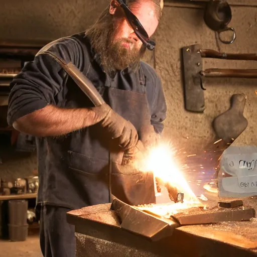 Prompt: A blacksmith working at his anvil in a dark, smoke-filled workshop, 100mm lens, very detailed, no blur, sharp focus, realistic