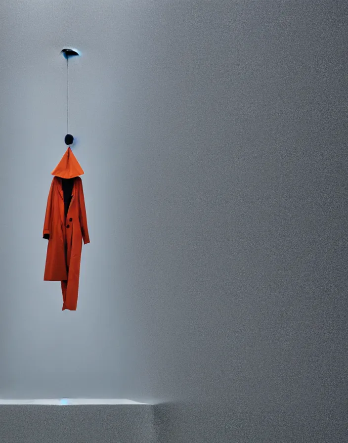 Prompt: close - up portrait of an empty slick fashionable zara raincoat floating suspended mid - air on a glittering wet rainy display designed by olafur eliason, james turrell, shot by wes anderson, lily frank, symmetry, rule of thirds