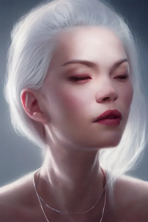 Image similar to dramatic lighting by wlop, stunning portrait female holding crystal white hair, blush, rose necklace, flowing hair, slim face, elegant, terry moore, barclay shaw, karol bak, greg rutkowski