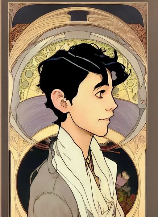 Image similar to well - lit art nouveau portrait of a young man with short black hair, natural lighting, path traced, highly detailed, high quality, cartoon, digital painting, by don bluth and ross tran and studio ghibli and alphonse mucha