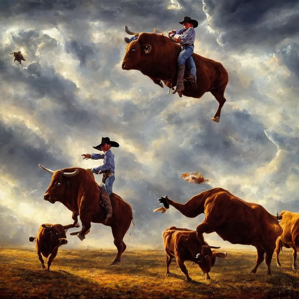 Image similar to Mark Magiori oil painting of a cowboy watching a bull get abducted by aliens, supercell cloud, extremely beautiful, amazing painting, HD, 8K, very detailed, photorealistic, hyperrealism