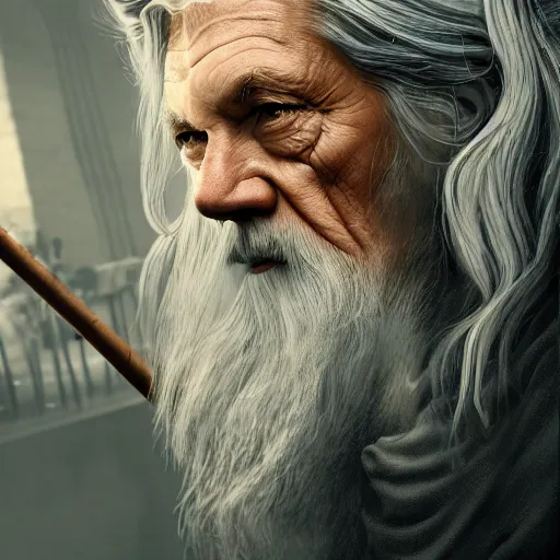 Prompt: gandalf attacks ancient athens, high detail shot, smoking, render, cgsociety, photorealism