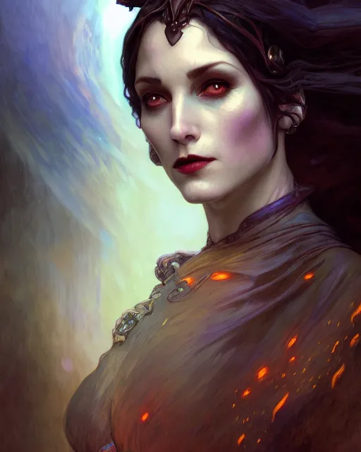 Prompt: wlop, bastien lecouffe deharme, alfons mucha, detailed portrait digital painting of a beautiful serious villainess wearing fantasy clothing like liliana vess, villainess has black angel wings, evil mood, hellish battlefield in the background, embers flying, unreal engine, hyper realism, realistic shading, cinematic composition, blender render, ultrawide shot