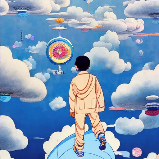 Image similar to a man walking on clouds above kyoto by takashi murakami, beeple and james jean, aya takano color style, 4 k, super detailed