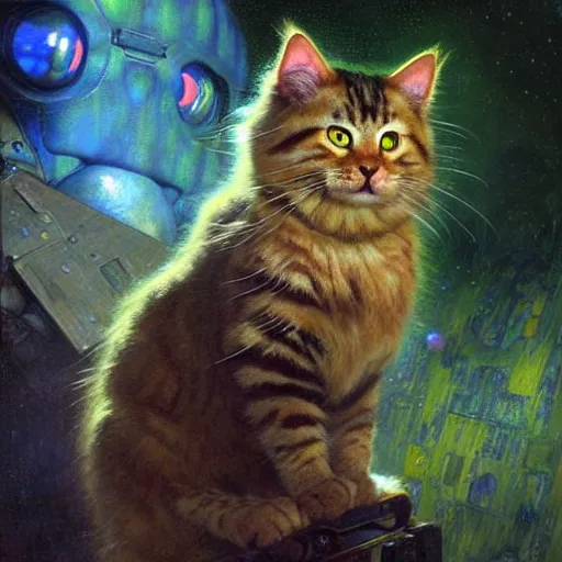 Prompt: a portrait of a humanoid fluffy tabby cat feline with green human eyes wearing a space suit. shadowrun cyberpunk fantasy highly detailed painting by gaston bussiere craig mullins jc leyendecker gustav klimt artgerm greg rutkowski john berkey, bergey, craig mullins, ruan jia, raymond swanland, jeremy mann, tom lovell, alex malveda