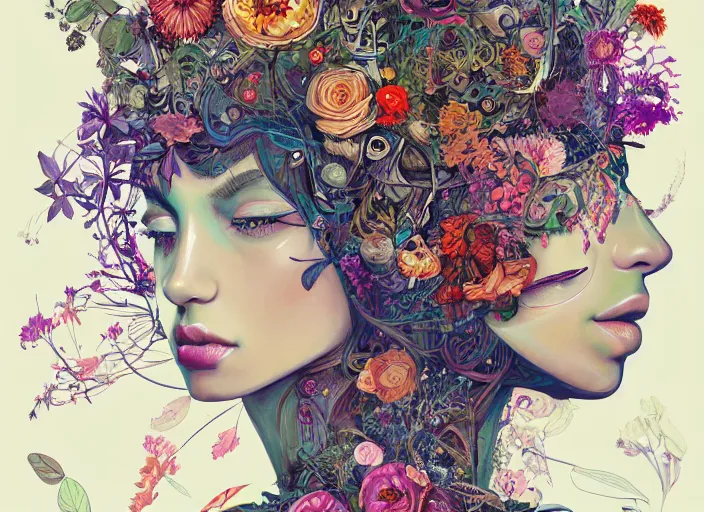 Image similar to a painting of a beautiful cyborg girl with a lot of flowers and plants on its head, poster art by android jones, behance contest winner, generative line art, made of flowers, grotesque, concert poster