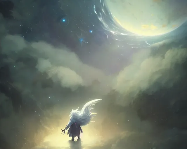 Image similar to one cartoonish kitty dressed as Gandalf floating alone in space, bright stars, anime, a fantasy digital painting by Greg Rutkowski and James Gurney, trending on Artstation, highly detailed