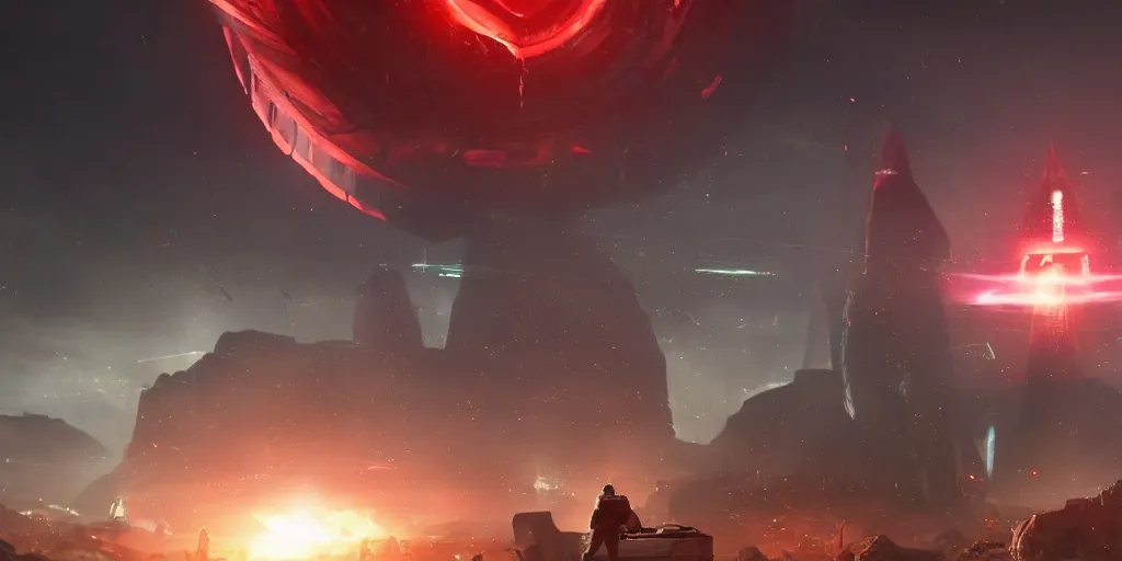 Prompt: a human standing front of a huge towering and broken stone tablet with red light + alien pattern + an abandoned spaceship, stands in the center of a prosperous city at the end of the world, and the power and energy is explode, secret, mysterious, doomsday, landscape, video game control, quantum break, arknights,