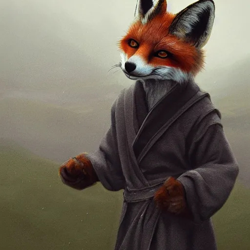 Image similar to an anthropomorphic fox in a robe overlooking a village in the moor, dramatic lighting, overcast weather, highlands, anthro fox in a robe, realistic furry, sharp focus, 8 k, artstation, artstation hq, greg rutkowski, gregory manchess