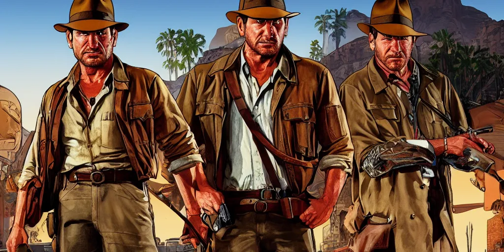 Image similar to Indiana Jones in GTA V, Cover Art by Stephen Bliss, Boxart, Loading Screen. 8k Resolution