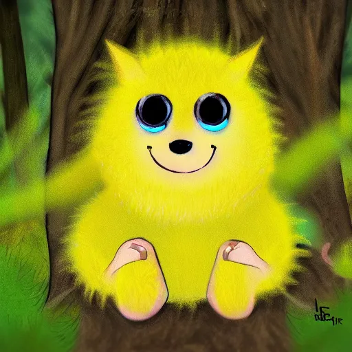 Prompt: A cute yellow furry monster in the forest, digital art