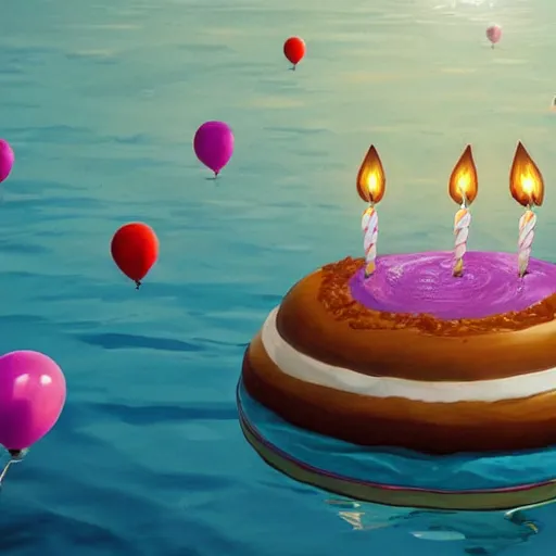Image similar to a giant floating cake and plenty of floating birthday balloons. digital art, highly - detailed, artstation cgsociety masterpiece