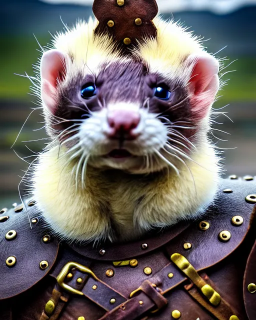 Image similar to ferret warrior, furry, fantasy, viking, high detailed, photography, cloudy, lightweight leather armour, scandinavia, plain, detailed face, look into the distance, serious face, full body, in full growth, professional photographer, masterpiece, 5 0 mm, extremely detailed, digital art 8 k