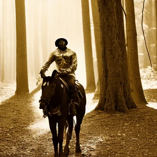 Prompt: Kanye West riding a horse in the forest, 35mm, photorealistic, studio light, noire