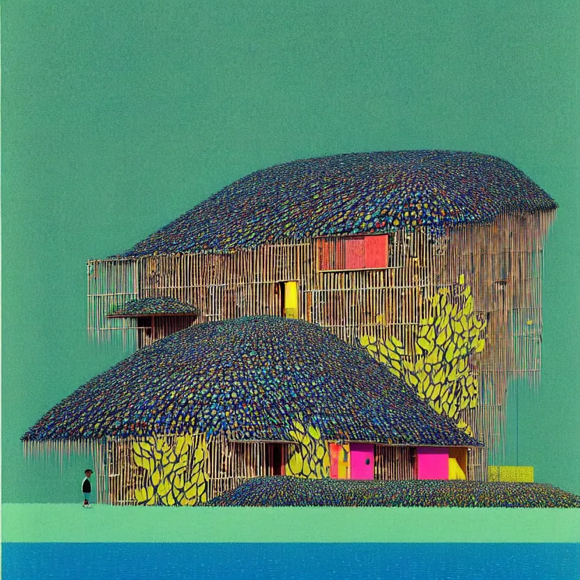 Image similar to surreal glimpse into other universe, a house by kengo kuma on an island, summer morning, very coherent and colorful high contrast, art by!!!! gediminas pranckevicius!!!!, geof darrow, floralpunk screen printing woodblock, dark shadows, hard lighting, stipple brush technique,