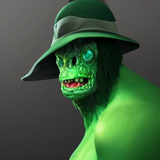 Image similar to a green hat with a monster's head on it, hyperdetailed, artstation, cgsociety, 8 k