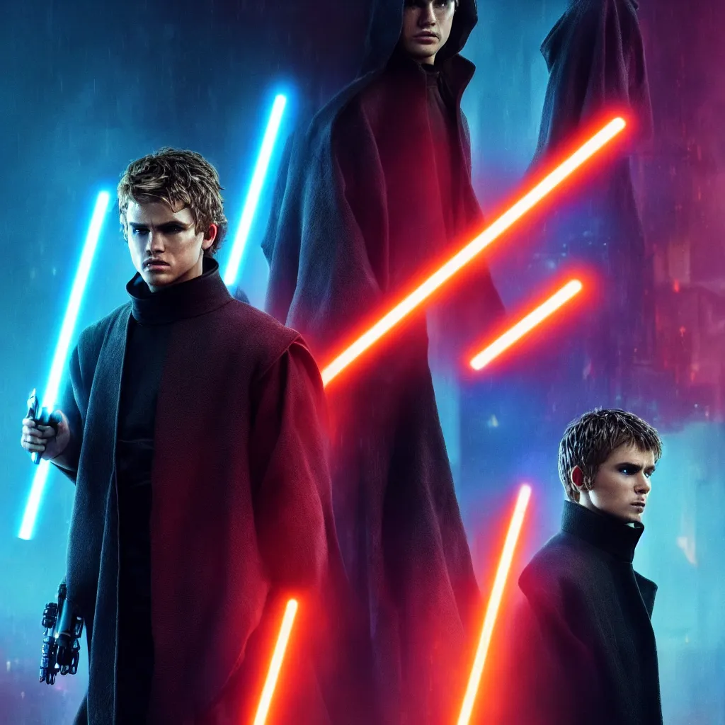 Image similar to Anakin Skywalker wearing cyberpunk gadgets in the style of Blade Runner 2049 (2017). Movie Poster. Cinematic. Professional Photo. 4k. UHD. 8k. Clear Face.