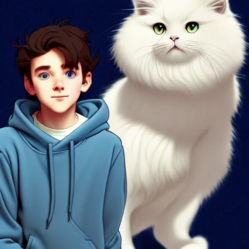 Image similar to teen boy with brown hair and big blue eyes, wearing a hoodie, holding a fluffy white persian cat, natural lighting, path traced, highly detailed, high quality, digital painting, by don bluth and ross tran and studio ghibli and alphonse mucha