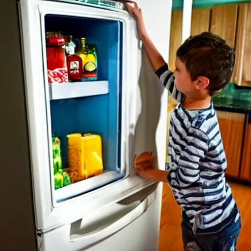 Prompt: a young kid opening a fridge door which is actually a portal into another dimension