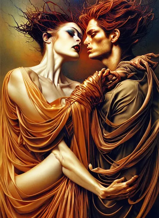 Prompt: a strange, biomorphic painting of two humanoid figures entwined and draped in silk, by ayami kojima, karol bak, greg hildebrandt, and mark brooks, highly detailed, dramatic, emotionally evoking, head in focus, volumetric lighting, oil painting, timeless disturbing masterpiece