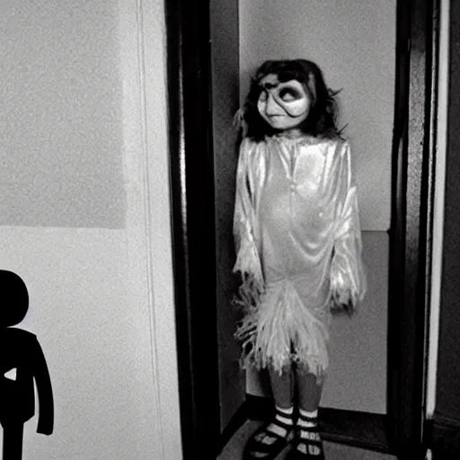 Image similar to children on halloween costumes at night, door eye cam footage, creepy, 8 mm, found footage