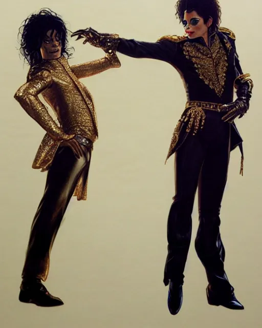 Image similar to Portrait of Michael Jackson & Prince dancing, real life skin, intricate, elegant, highly detailed, artstation, concept art, smooth, sharp focus, art by artgerm and greg rutkowski and alphonse mucha
